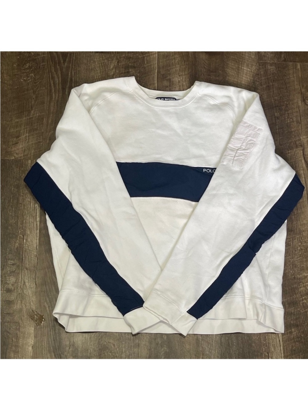 Vintage Polo Ralph Lauren White Crewneck Sweatshirt with Navy Stripe